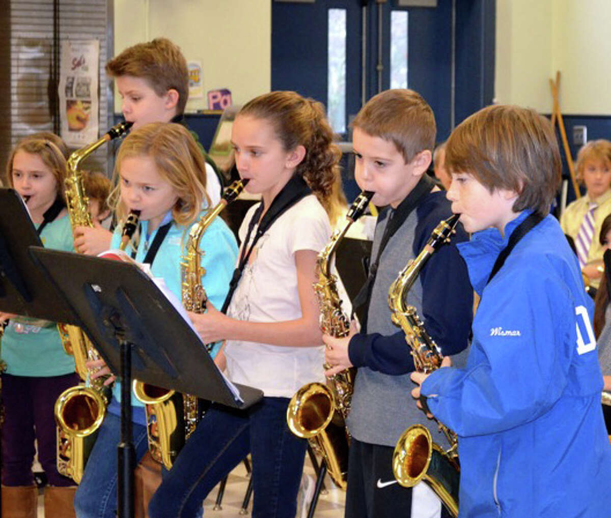 Playing their saxophones, from left, are Olivia Montanaro, Nolan Lovegrove, Isabelle Smith, Isabel Infurna, Lennan McEniry and Truman Wismar.