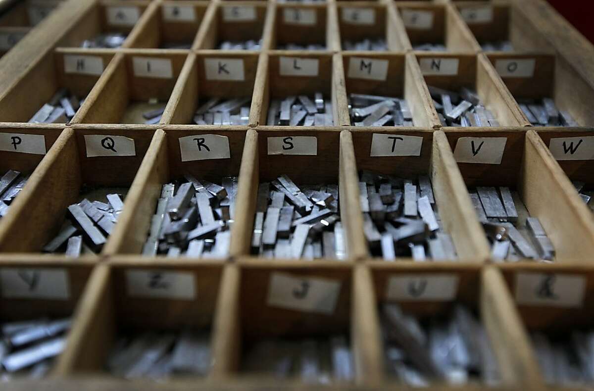 A drawer of lead type is arranged alphabetically in a letterpress printing class in San Francisco, Calif. on Saturday, Jan. 14, 2012.