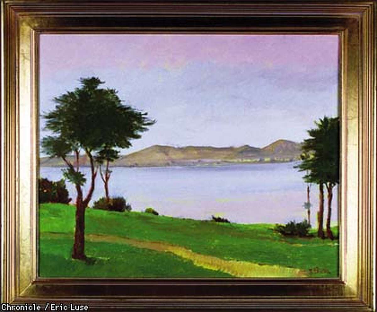 Frame #9.Landscape of Marin County by Stan Painter. Frame is gold metal leaf Florentine panel. Photo by Eric Luse