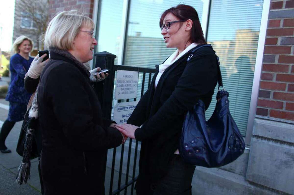 Planned Parenthood supporter Sharona Lindgren speaks with U.S. Senator Patty Murray in front of the not-for-profit family planning agency on Friday on East Madison Street in Seattle. Lindgren, a full-time student and mother of two, used the organization's services which discovered a lump in her breast. She said she has had multiple family members with breast cancer. Dozens of supporters of the organization gathered with U.S. Senator Patty Murray after the Susan G. Komen for the Cure foundation reversed a decision to suspend funding to Planned Parenthood.