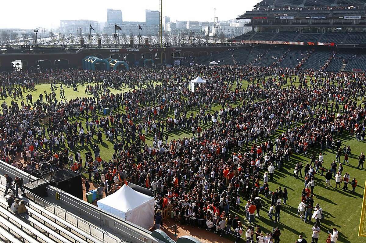 Tens of thousands of Giants fans crowd into AT&T Park for the annual FanFest event in San Francisco, Calif. on Saturday, Feb. 4, 2012.