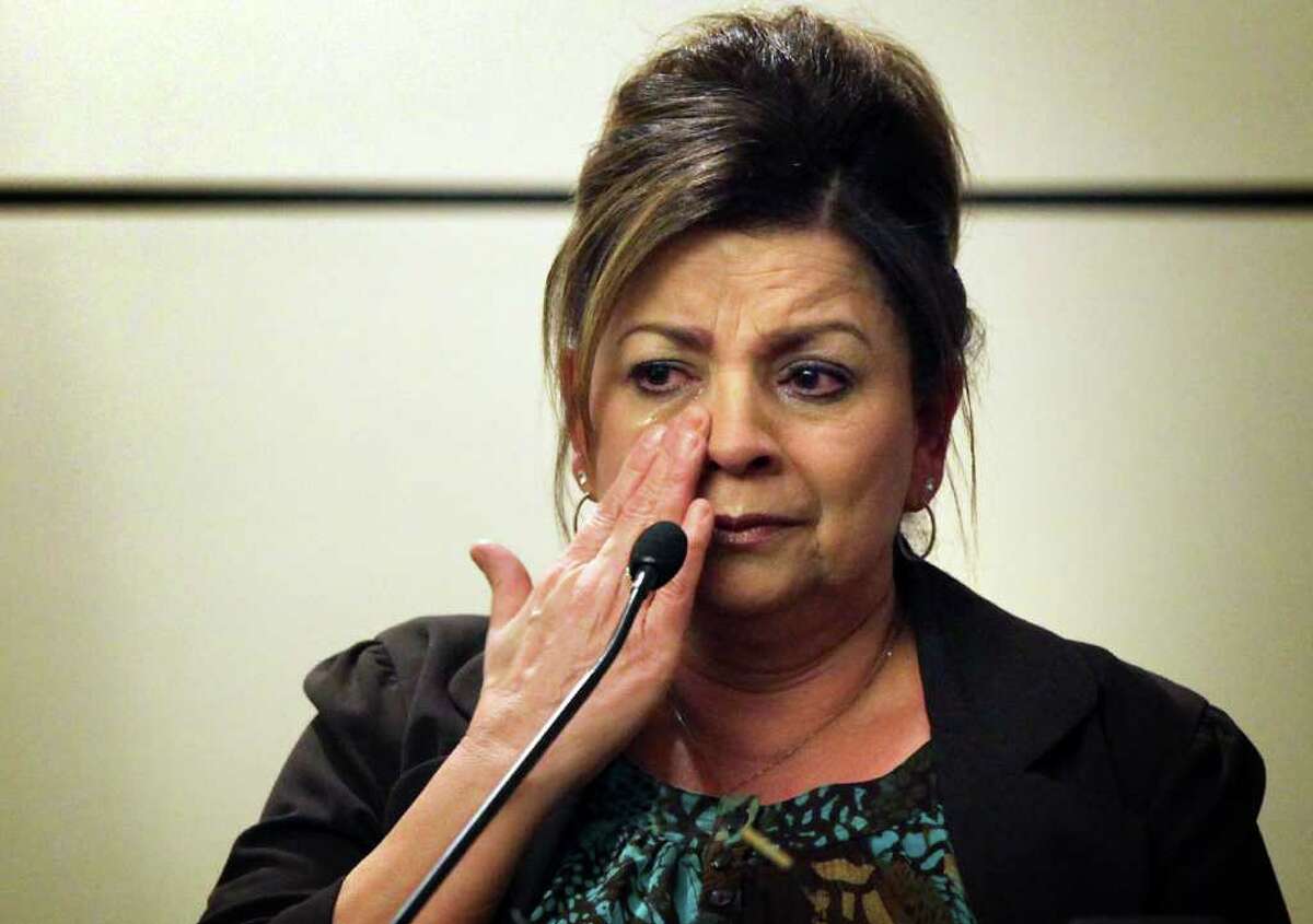 JoAnn Ybarra wipes away tears as she takes the stand during the intoxication manslaughter trial of her daughter Jenny Ybarra, in the 437th District Court in the Cadena Reeves Justice Center, Wednesday, Feb. 8, 2012.