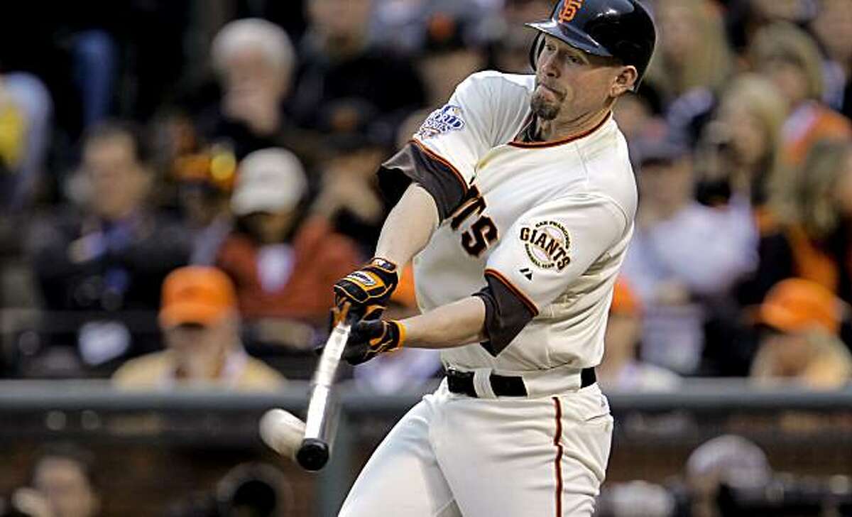 Giants Aubrey Huff, hits a double in the second inning, as the San Francisco Giants went on to beat the Texas Rangers 11-7 in game 1 of the Major League Baseball World Series on Wednesday Oct. 27, 2010 in San Francisco, Calif.