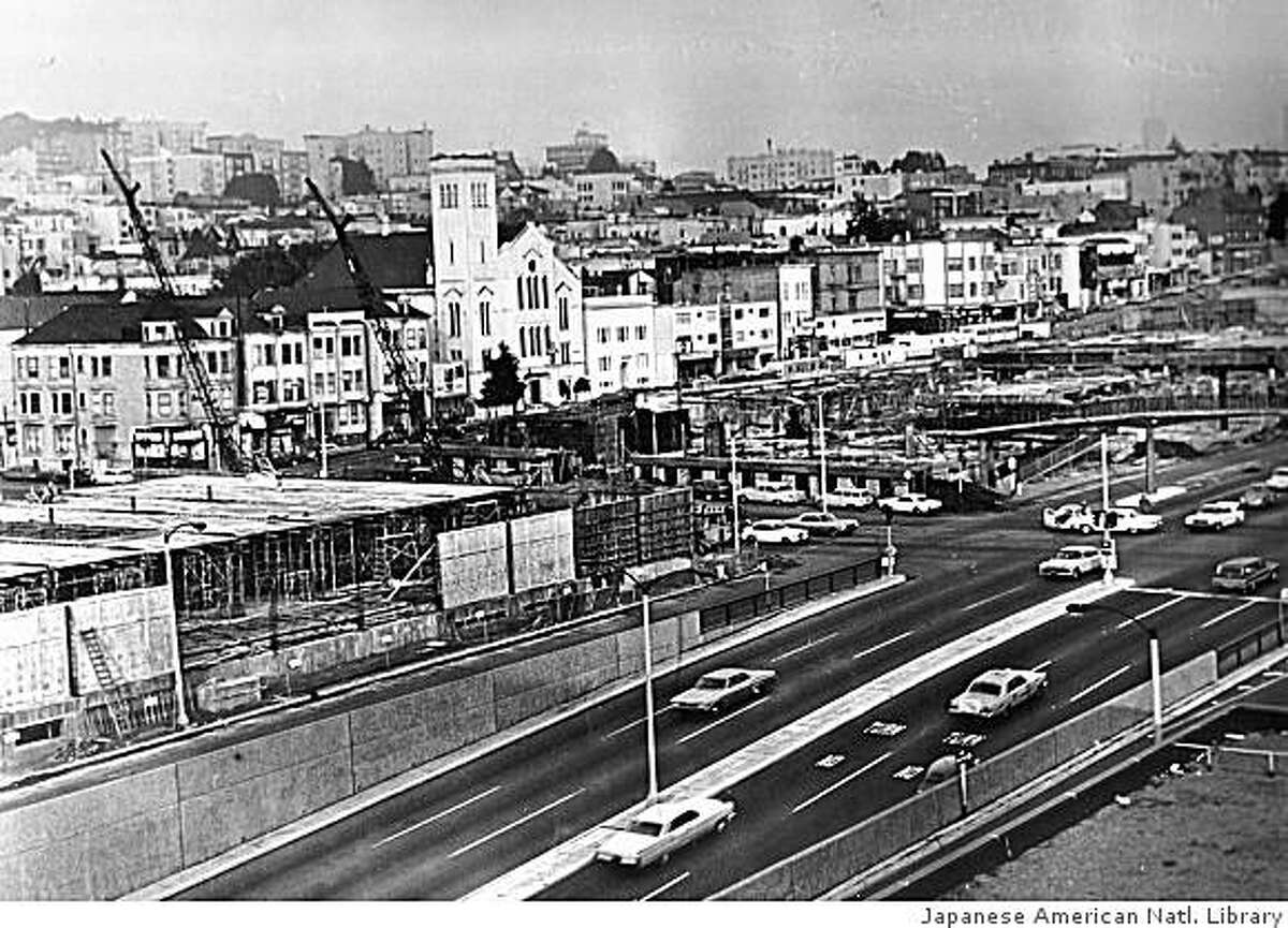 The Geary Expressway and the Japan Center, under construction, as seen during the 1960's.