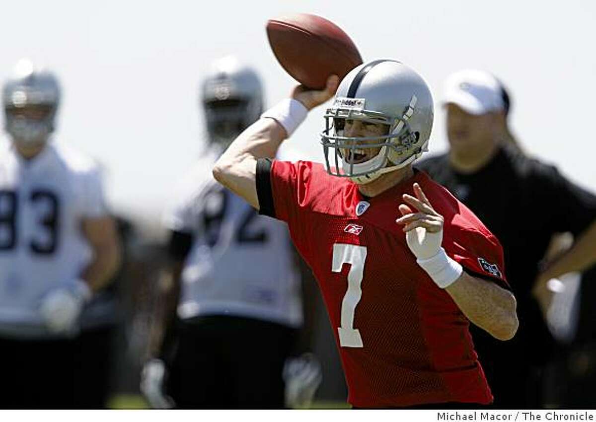 Quarterback Jeff Garcia lloks for a receiver downfield, as the Oakland Raiders hold mini-camp in Oakland, Calif. on Saturday May 9, 2009.