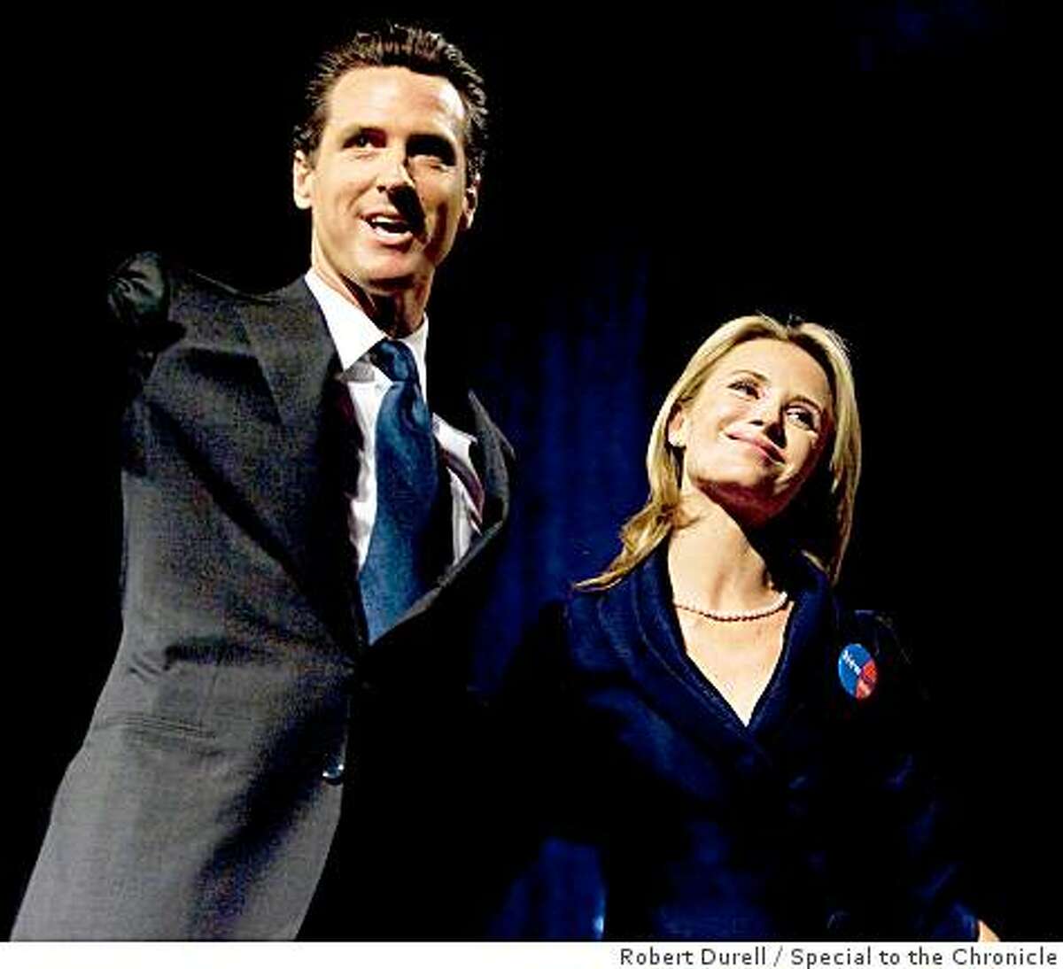 San Francisco mayor and 2010 gubernatorial candidate Gavin Newsom with his wife Jennifer Siebel Newsom after he spoke at the California Democratic Party state convention in Sacramento Saturday morning, April 25, 2009, at the Convention Center. His rival, state attorney general Jerry Brown, laer addressed the delegates. The convention concludes Sunday.