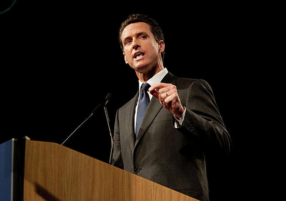 San Francisco mayor and 2010 gubernatorial candidate Gavin Newsom speaks at the California Democratic Party state convention in Sacramento Saturday morning, April 25, 2009, at the Convention Center. His rival, state attorney general Jerry Brown, later addressed the delegates. The convention concludes Sunday.