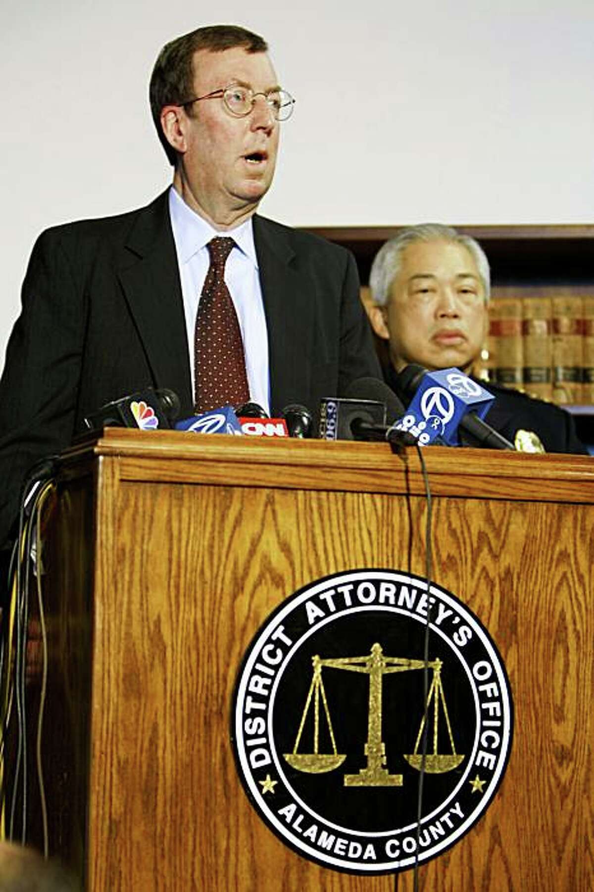 Alameda County District Attorney Tom Orloff left along with Bart Police Chief Gary Gee held a press conference to discuss the arrest of former BART police officer Johannes Mehserle in Minden Nevada yesterday. Mehserle is charged with second-degree murder in the shooting death of Oscar Grant III at the Fruitvale BART station in Oakland on Jan. 1. Wednesday Jan 14, 2009