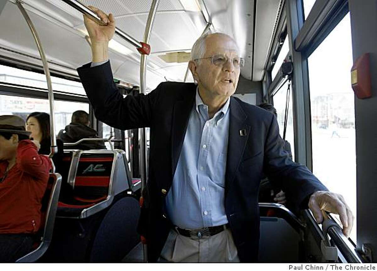 Berkeley Mayor Tom Bates rides an AC Transit bus to his auto mechanic's shop, who's selling Bates' car for him, in Berkeley, Calif., on Thursday, April 16, 2009.