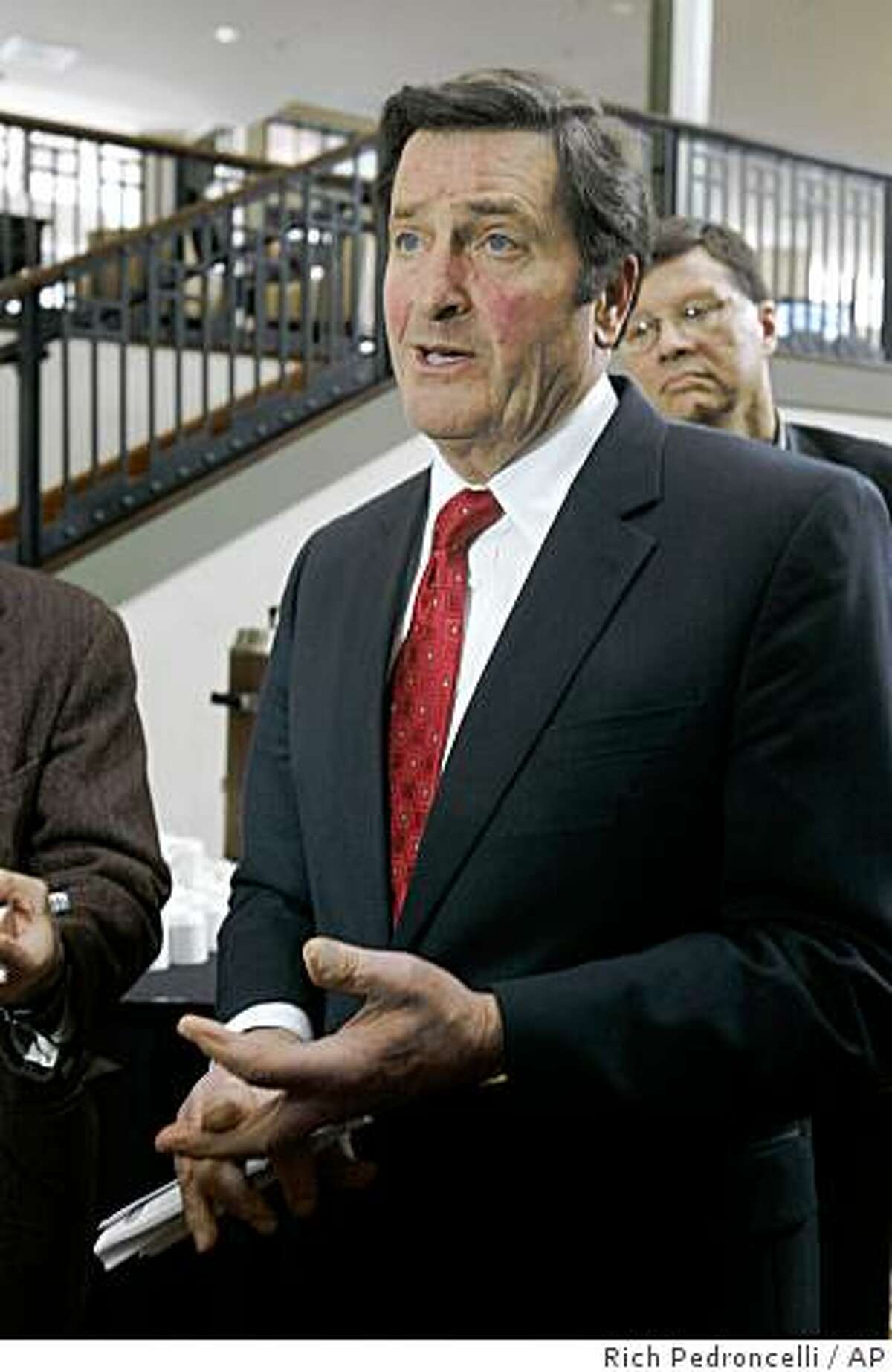Lt. Gov. John Garamendi talks to reporters after appearing at a forum on ways to reform state government in Sacramento, Calif., Tuesday, Feb. 24, 2009. Delegates at the California Constitutional Convention Summit debated whether the the state Constitution should be completely rewritten. (AP Photo/Rich Pedroncelli)
