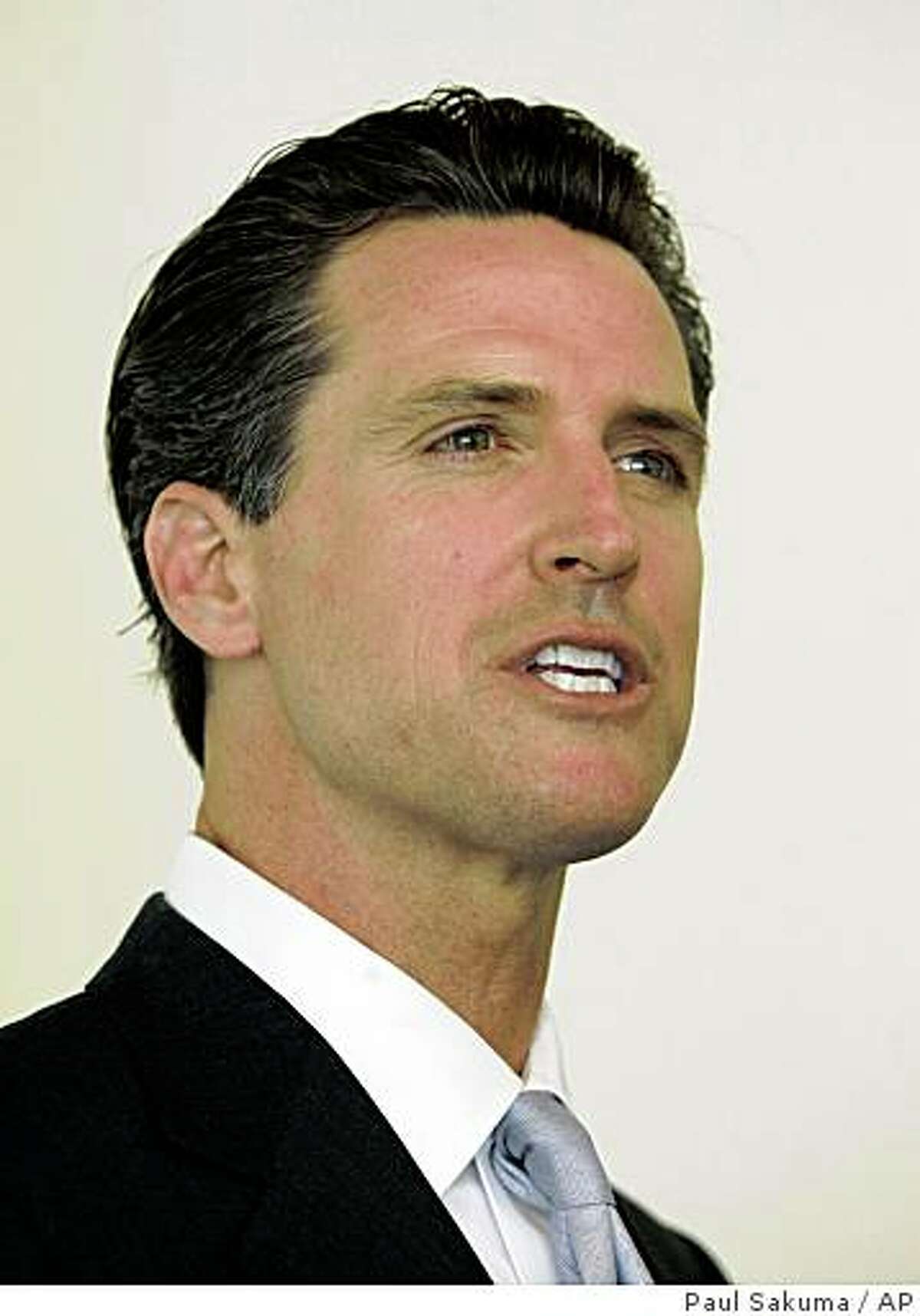 San Francisco Mayor Gavin Newsom formally announces his candidacy for California governor at Facebook headquarters in Palo Alto, Calif., Tuesday, April 21, 2009. Entering a race that could see him competing against men 15 and 30 years his senior, the 41-year-old Democrat pointedly used YouTube and the social networking sites Twitter and Facebook to disclose that he would seek his party's nomination to succeed Gov. Arnold Schwarzenegger. (AP Photo/Paul Sakuma)