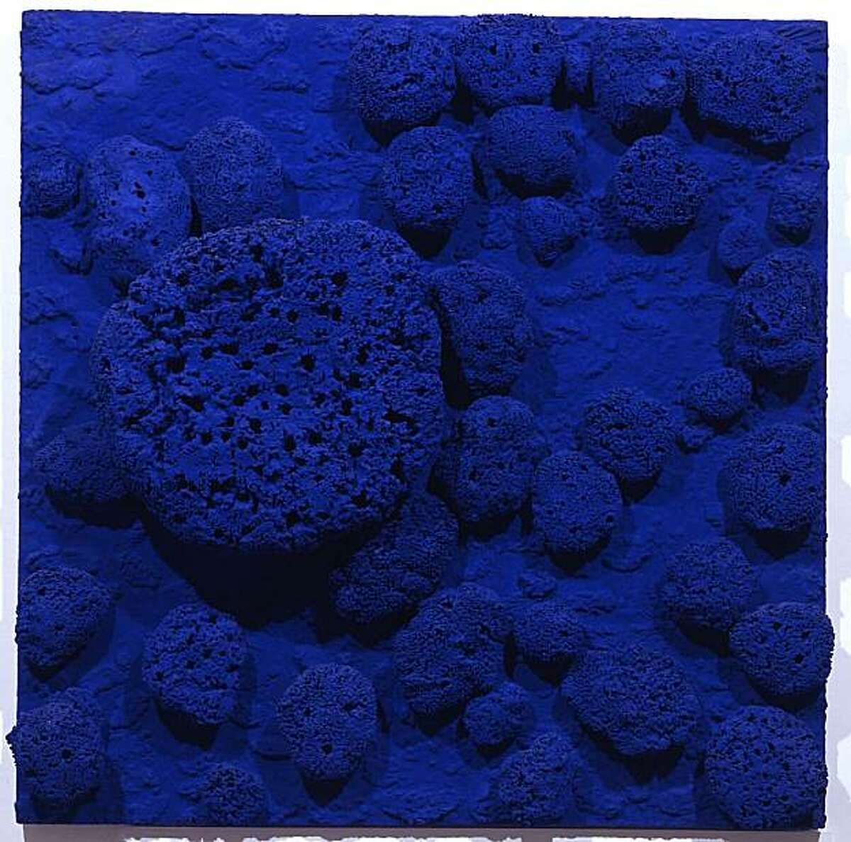 "Blue Sponge Relief (RE 29)" (1957) pure pigment with synthetic resin, natural sponges and pebbles on board by Yves Klein 39.5" x 40"
