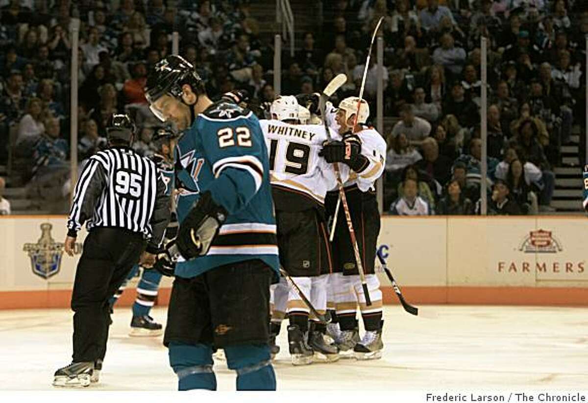 Anaheim Duck Scott Niedermayer scores the first goal of the night in the third period off the San Jose Sharks in the first round of the Stanley Cup Playoffs on April 16, 2009.