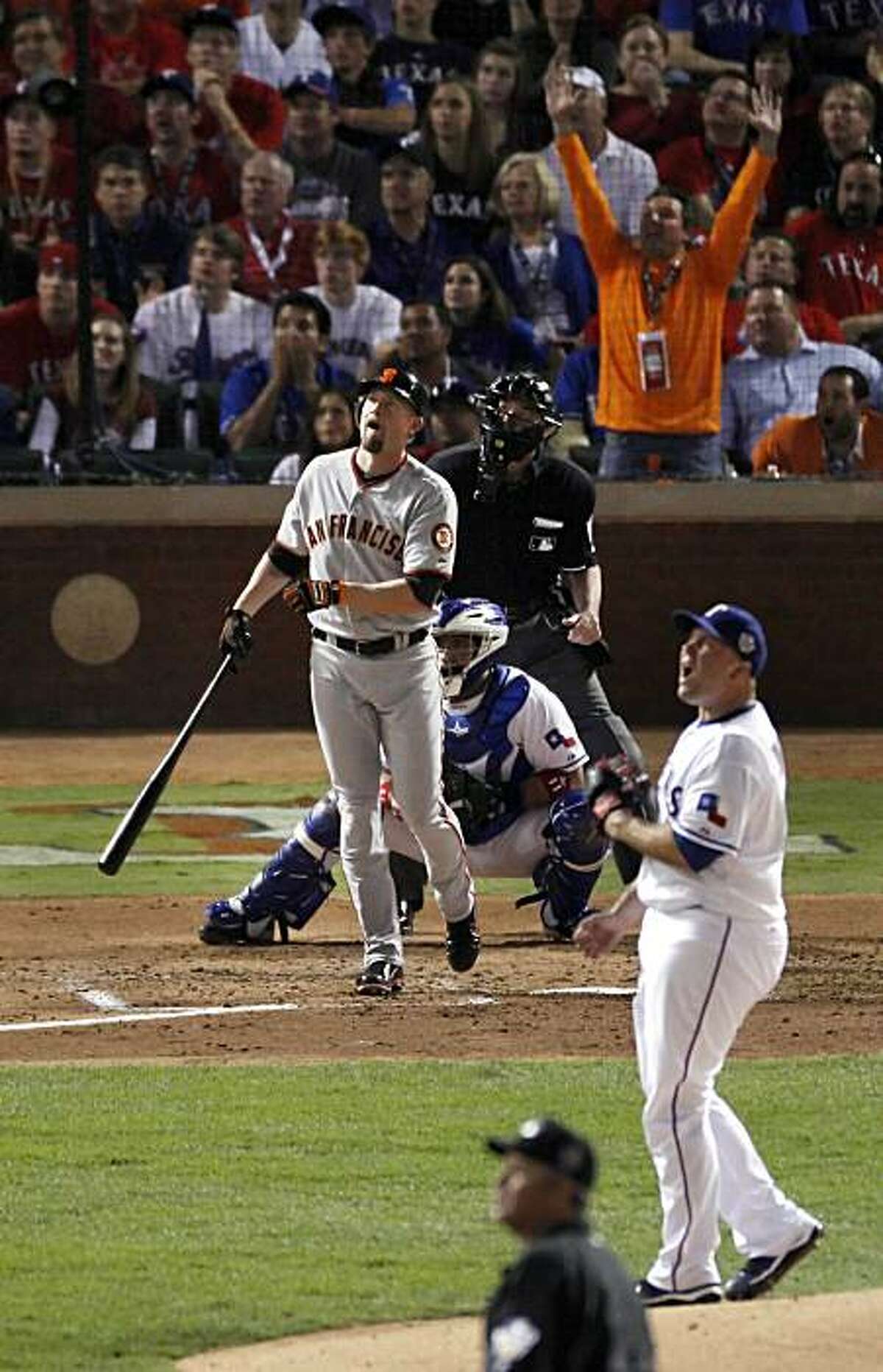 San Francisco Giants first baseman Aubrey Huff (17) watches his two run homer in the third inning during game 4 of the 2010 World Series between the San Francisco Giants and the Texas Rangers on Sunday, Oct. 31, 2010 in Arlington, Tx.San Francisco GiantsSan Francisco Giants first baseman Aubrey Huff (17) watches his two run homer in the third inning during game 4 of the 2010 World Series between the San Francisco Giants and the Texas Rangers on Sunday, Oct. 31, 2010 in Arlington, Tx. Ran on: 11-01-2010 Aubrey Huff and Rangers pitcher Tommy Hunter watch Huff's drive soar high and deep beyond the right-field wall for a two-run homer in the third inning. Ran on: 11-01-2010 Aubrey Huff and Rangers pitcher Tommy Hunter watch Huff's drive soar high and deep beyond the right-field wall for a two-run homer in the third inning. MANDATORY CREDIT FOR PHOTOG AND SAN FRANCISCO CHRONICLE/NO SALES-MAGS OUT-INTERNET OUT-TV OUT