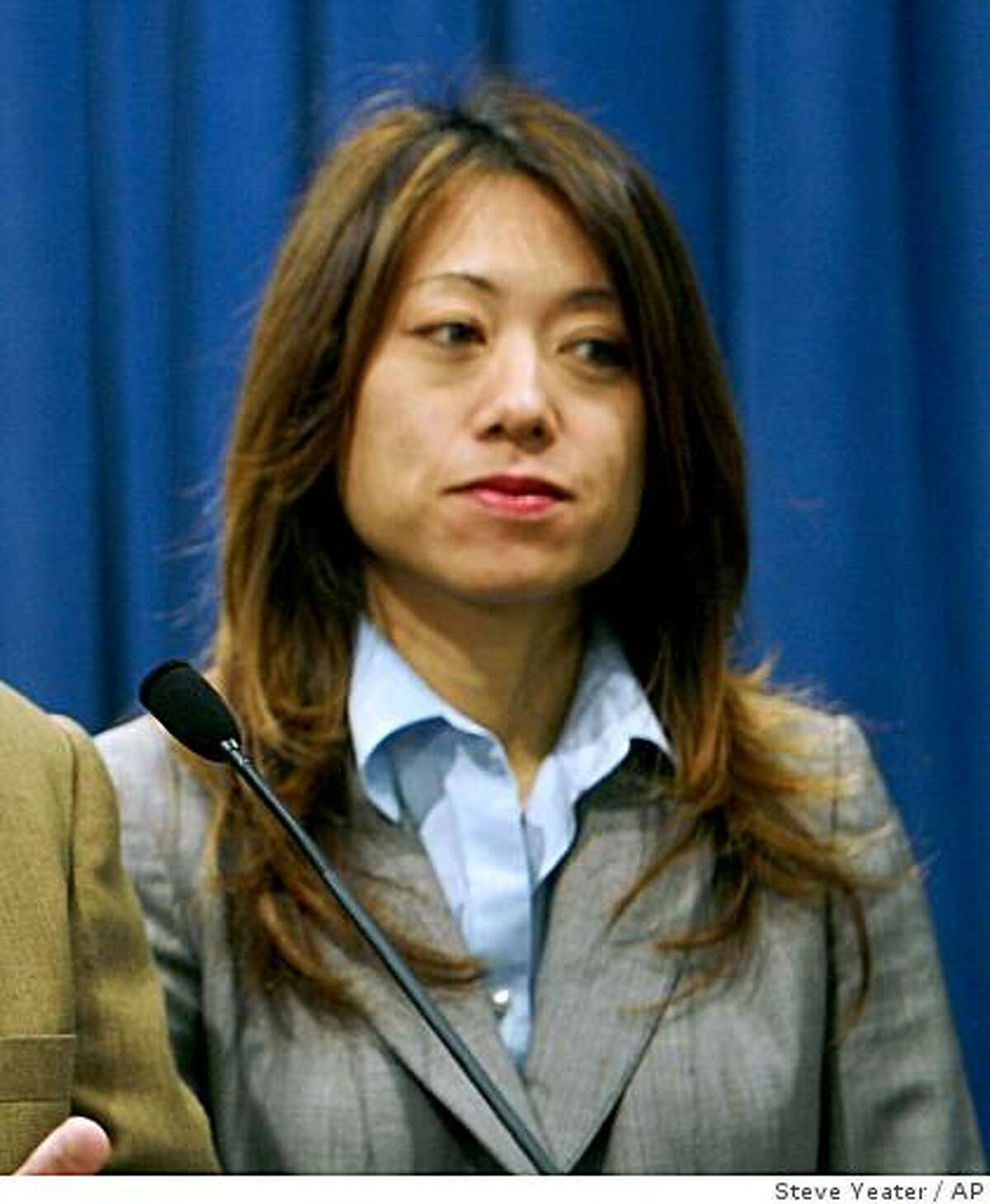 Assemblyman Anthony Adams, R-Hesperia, left, and Assemblywoman Fiona Ma, D-San Francisco, right, talk about a recent audit that raised concerns that sex offenders may be living in homes used for child daycare and foster care during a news conference at the Capitol in Sacramento, Calif., on Thursday, April 17, 2008.(AP Photo/Steve Yeater)