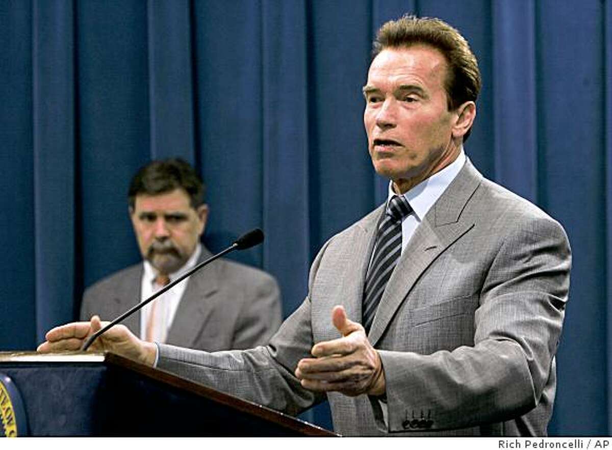 ** CORRETCS DAY TO TUESDAY NOT MONDAY ** Gov. Arnold Schwarzenegger, flanked by Finance Director Mike Genest, left, tells reporters that California should be making more money off it's lottery by leasing to the highest bidder, during a Capitol news conference in Sacramento, Calif., Tuesday, Feb. 19, 2008. Confidential Wall Street analyses show that would require that a vast expansion of gambling in the state. (AP Photo/Rich Pedroncelli)