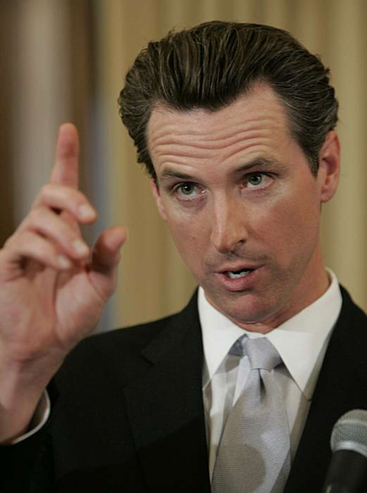 FILE - This Nov. 5, 2008 file photo shows San Francisco Mayor Gavin Newsom at a news conference on Proposition 8 at City Hall in San Francisco. Gavin Newsom, the San Francisco mayor best-known for opening City Hall to same-sex weddings, was once thought to be too liberal even for California. But his decisive win as the state's next second-in-command is helping to keep his political options open.