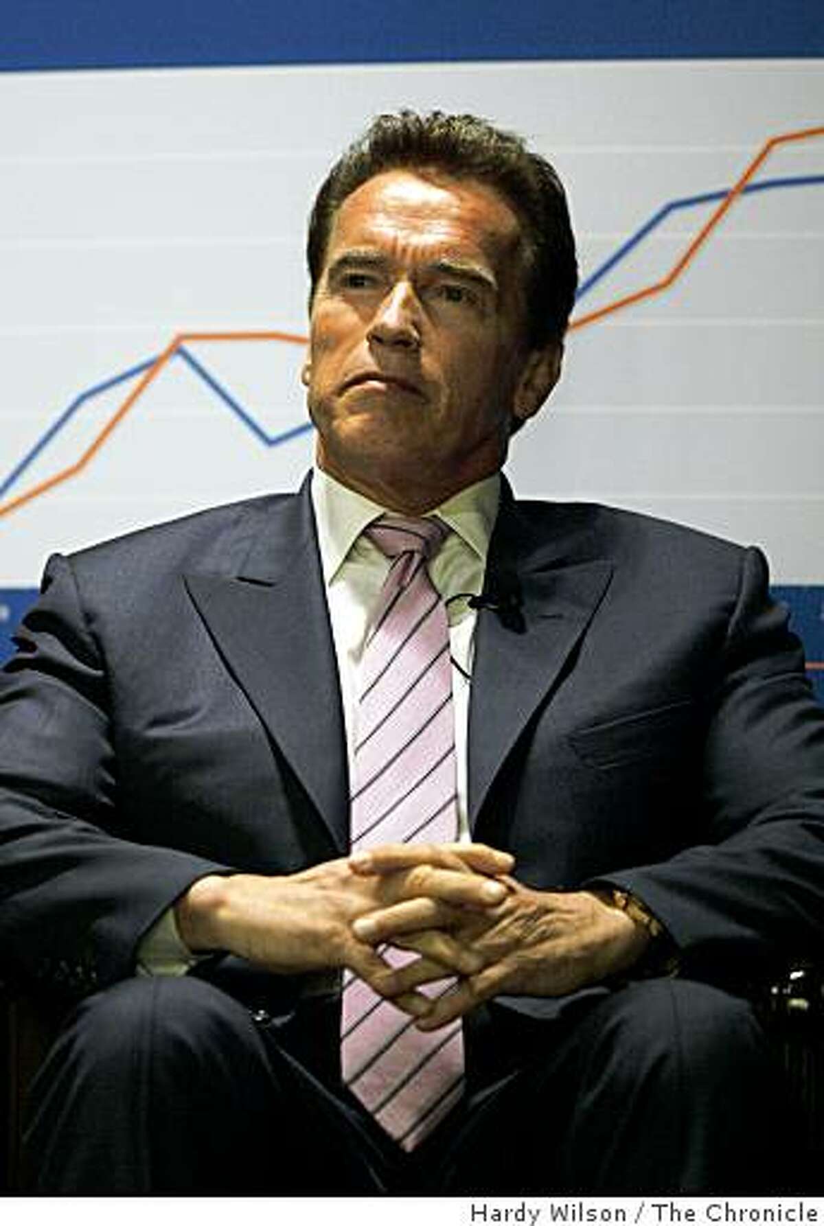 California Governor Arnold Schwarzenegger speaks to a crowd of reporters and the public during a special meeting of the Commonwealth Club at the Mark Hopkins hotel on Thursday, March 12, 2009 in San Francisco, Calif.. Schwarzenegger was making a pitch for the passage a series of measures on the May 19 special election ballot that were part of the budget compromise approved by the legislature last month.