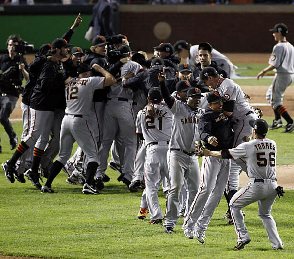 The Giants celebrate on the field after winning the final game of the World Series. The San Francisco Giants defeated the Texas Rangers 3-1 in Game 5 of the World Series at Rangers Ballpark in Arlington, Tx, on Monday, November 1, 2010.