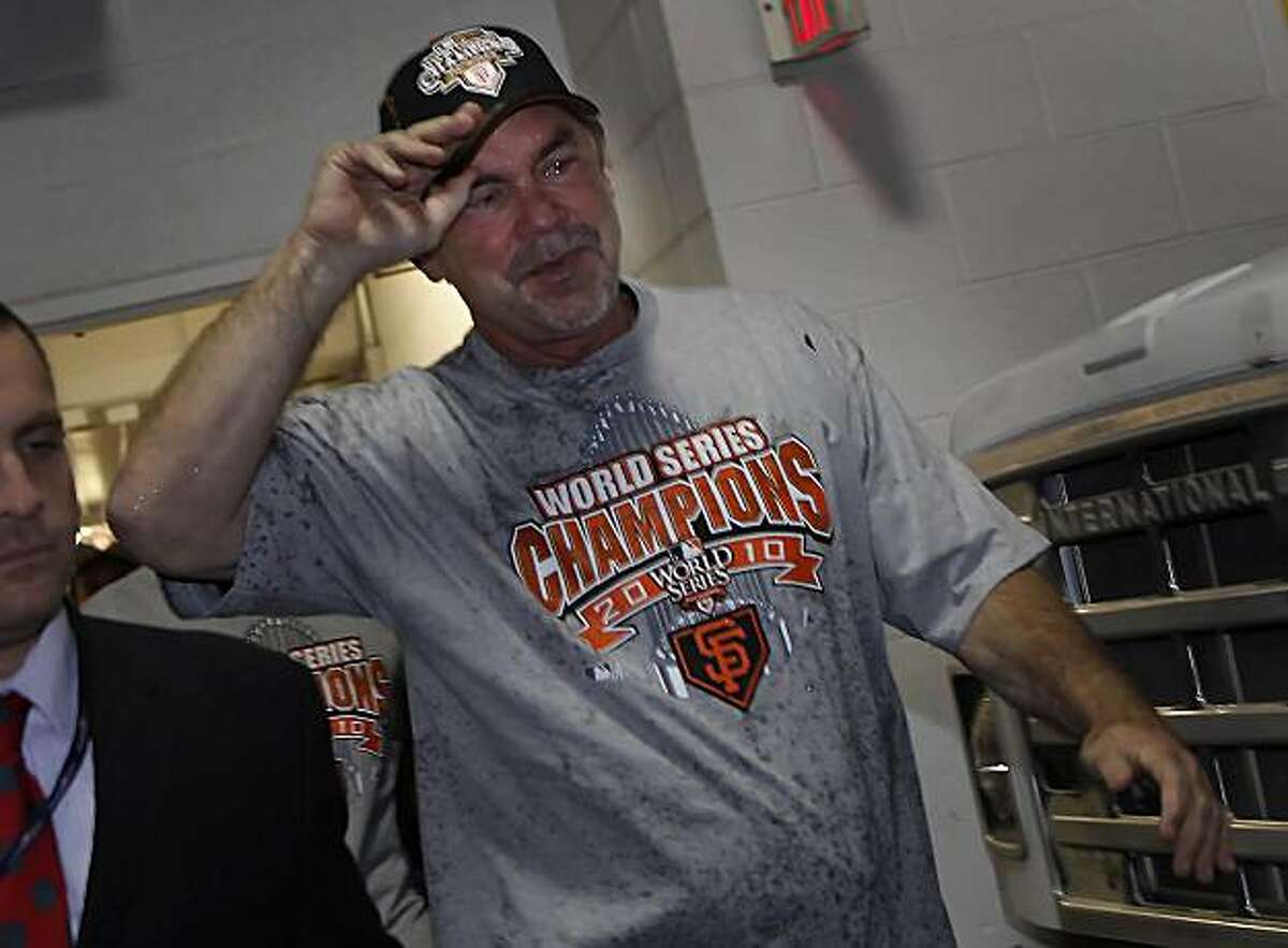 San Francisco Giants manager Bruce Bochy heads to the Visiting Clubhouse after leaving the field at Rangers Ballpark after the San Francisco Giants win Game 5 of the World Series over the Texas Rangers 3-1 on Monday November 1, 2010 in Arlington, Texas.