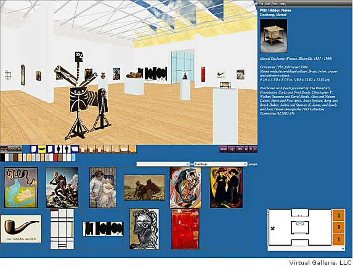 This is the product interface for Virtual Gallerie Curator �, which displays 4 quadrants. The gallery in the upper left, art information in the upper right, images and exhibition planning tools in the lower left, and a museum floor plan in the lower right of the screen. This image shows the third floor of Broad Contemporary Art Museum, part of the Los Angeles County Museum of Art.