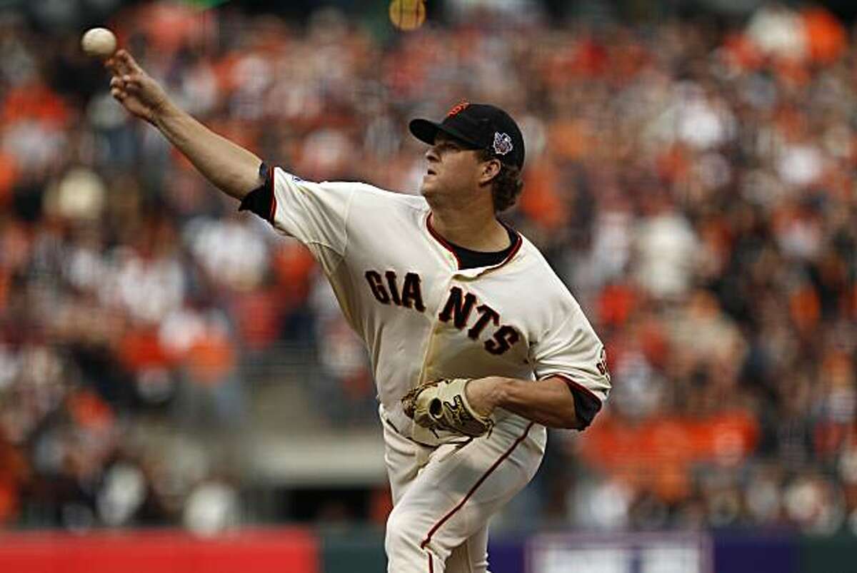 Giants pitcher Matt Cain throws during the first inning as the San Francisco Giants take on the Texas Rangers in Game 2 of the World Series at AT&T Park in San Francisco, Calif., on Thursday, October 28, 2010.