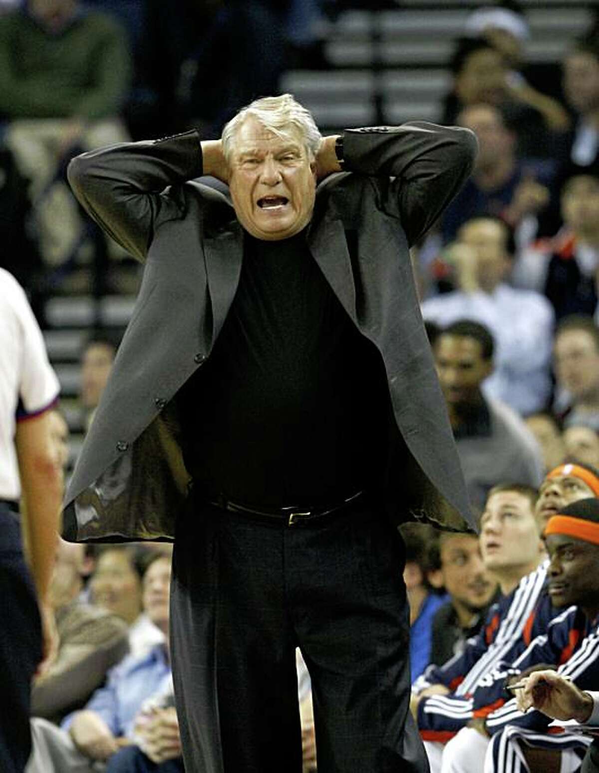 Golden State Warriors head coach Don Nelson reacts during a NBA game against the San Antonio Spurs at Oracle Arena in Oakland, Calif., on Monday, February 2, 2009. Warriors lost in overtime.