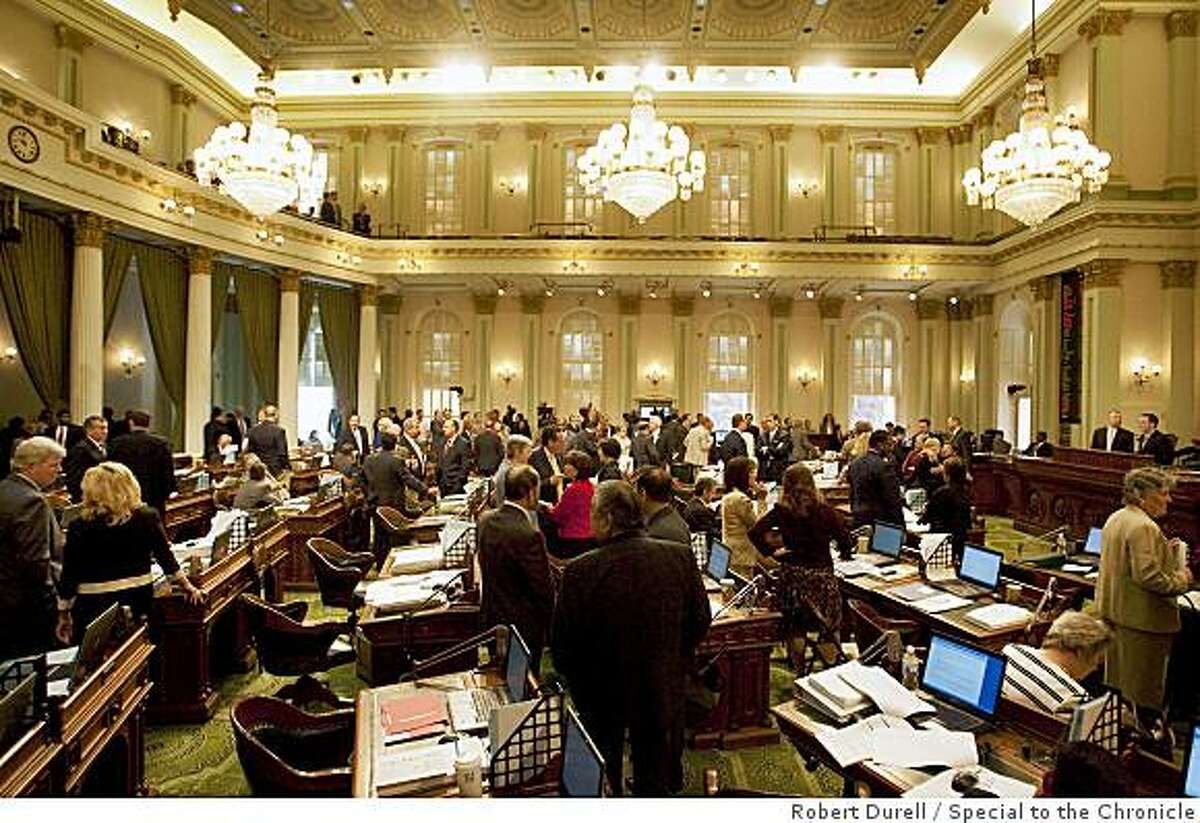 The combined state Senate and Assembly gather in the Assembly chambers to hear Governor Arnold Schwarzenegger tell them they need to speed through a solution to the $24.3 billion deficit in Sacramento June 2, 2009. State will run out of money by the end of the July if there is no budget plan in place by June 15.