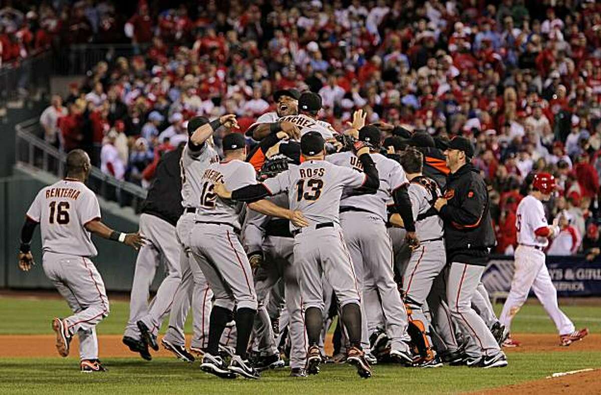 The Giants celebrate their victory over the Phillies in Game 6 of the NLCS on Saturday at Citizens Bank Park in Philadelphia.