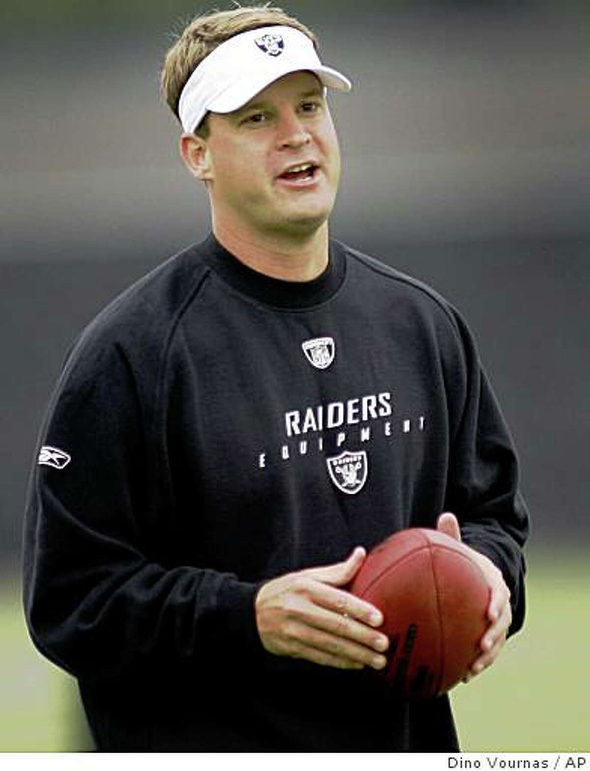 ** FILE ** In this July 28, 2007, file photo, then-Oakland Raiders coach Lane Kiffin talks to his players during the Raiders' NFL football training camp in Napa, Calif. Tennessee and Kiffin have reached a tentative agreement with the formerRaiders coach to lead the Volunteers, a person familiar with the negotiations told The Associated Press on Friday, Nov. 28, 2008. A formal announcement was expected early next week, said the person, who requested anonymity because the deal had not been finalized. (AP Photo/Dino Vournas, File)
