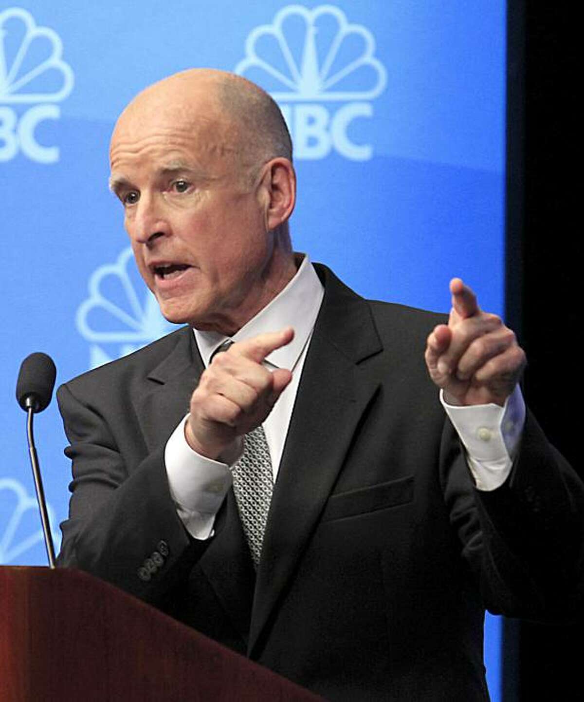 FILE - In this Oct. 12, 2010 file photo, Californian Democratic gubernatorial candidate Jerry Brown gestures during his debate with Republican gubernatorial candidate Meg Whitman, at Dominican University in San Rafael, Calif. The Nov. 2 general electionwill be the first since the 1990s without a measure to ban gay marriage on any state ballot, yet the divisive issue is surfacing in many races across the country. Brown supports same-sex marriage and has refused to defend the ban in court.