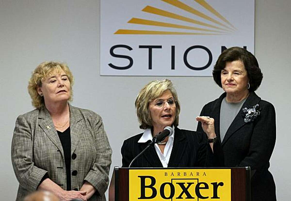 SAN JOSE, CA - OCTOBER 25: U.S. Sen. Barbara Boxer (D-CA) (C) speaks as Sen. Dianne Feinstein (D-CA) (C) and U.S. Rep. Zoe Lofgren (D-CA) (L) looks on during a news conference after touring the Stion production facility on October 25, 2010 in San Jose, California. With one week to go before the election, U.S. Sen. Barbara Boxer continues to campaign throughout the state of California in hopes of keeping her senate seat by defeating her republican challenger and former HP CEO Carly Fiorina.