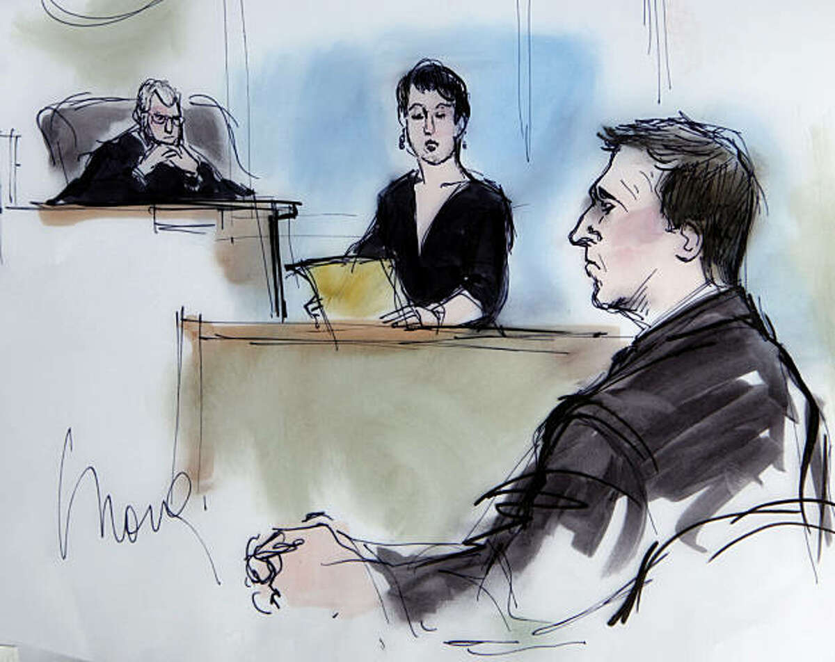 In this artist's sketch, former BART police officer Johannes Mehserle listens as the court clerk reads the verdict of guilty of involuntary manslaughter in the killing of Oscar Grant on an Oakland train station, at the Criminal Justice Center in Los Angeles Thursday, July 8, 2010. Judge Robert J. Perry is at left. (AP Photo/Mona Shafer Edwards)