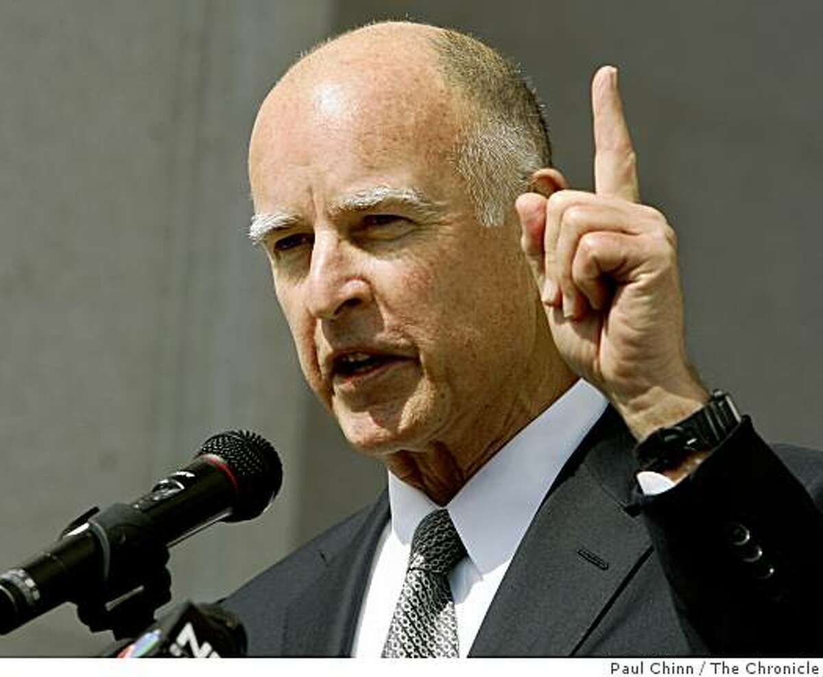 California Attorney General Jerry Brown speaks to a crowd gathered in front of the Earl Warren State Building after the California State Supreme Court heard arguments over the constitutionality of Proposition 8 in San Francisco, Calif., on Thursday, March 5, 2009.