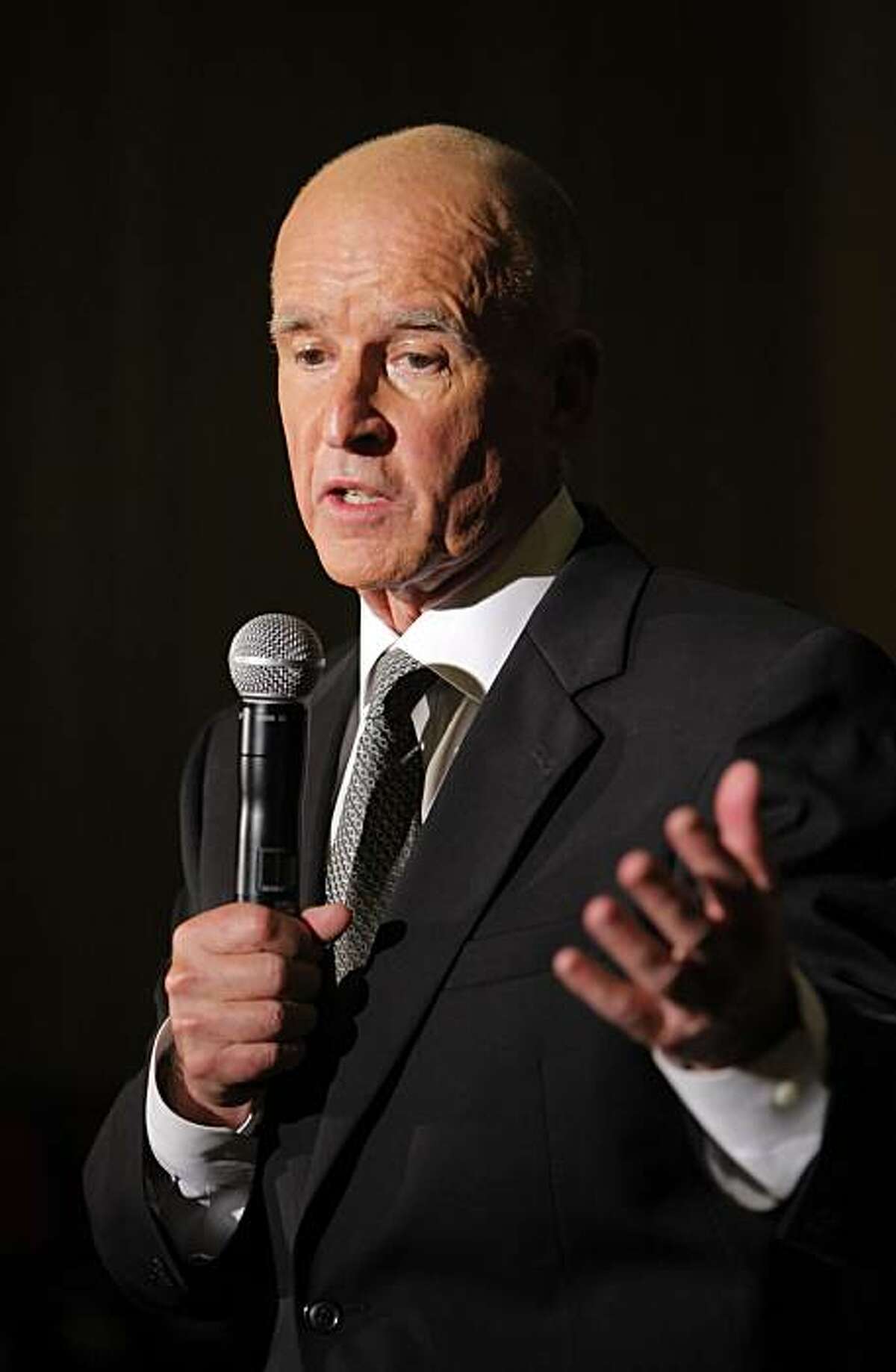 Gubernatorial candidate Jerry Brown addresses the press after he and his opponent, Med Whitman, faced off in a debate at Dominican University in San Rafael, Calif., on Tuesday, October 12, 2010.