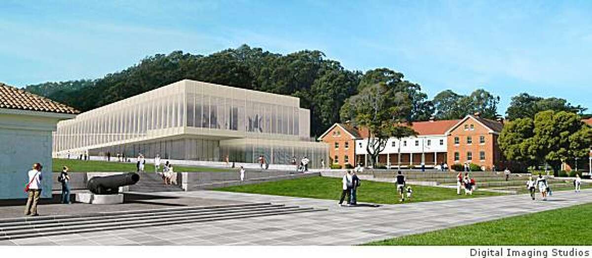 A computer rendering of the proposed Contemporary Art Museum at the Presidio as it might look from the central green planned for the Presidio's Main Post.