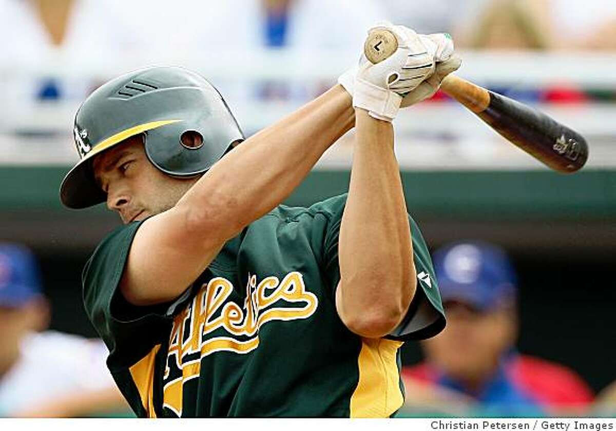 MESA, AZ - MARCH 03: Bobby Crosby #7 of the Oakland Athletics bats against the Chicago Cubs during the spring training game at HoHoKam Park on March 3, 2009 in Mesa, Arizona. The Cubs defeated the A's 6-4. (Photo by Christian Petersen/Getty Images)