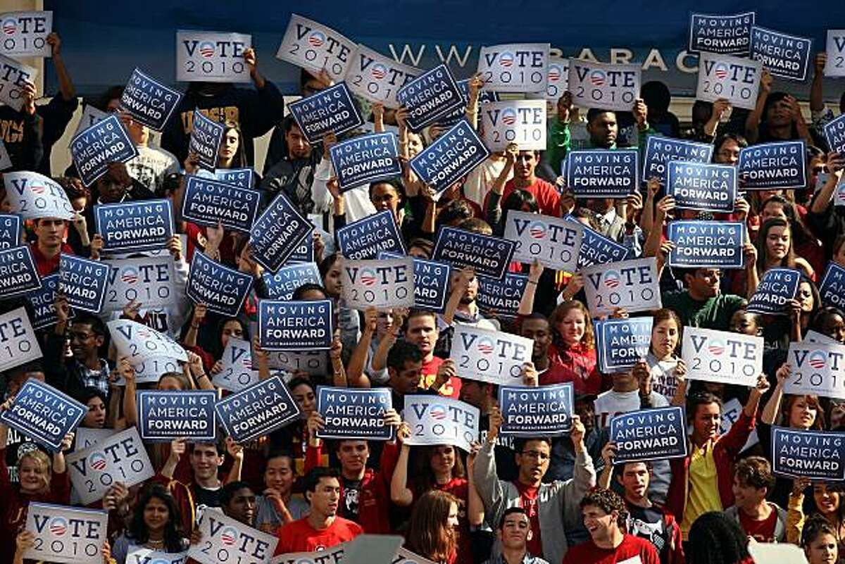 LOS ANGELES, CA - OCTOBER 22: People gather to see U.S. President Barack Obama at a Moving America Forward rally at the University of Southern California (USC) on October 22, 2010 in Los Angeles, California. The rally is the fifth in a series of appearances by the president during his multi-day Western states trip to boost enthusiasm among Democratic voters. Obama is one in a string of political celebrities visiting California to persuade voters in the final weeks before midterm elections, including Sen. John McCain, first lady Michelle Obama, former Alaska Gov. Sarah Palin, former New York City Mayor Rudy Giuliani, New Jersey Gov. Chris Christie and Louisiana Gov. Bobby Jindal, former Vice President Dick Cheney, former House Speaker Newt Gingrich and