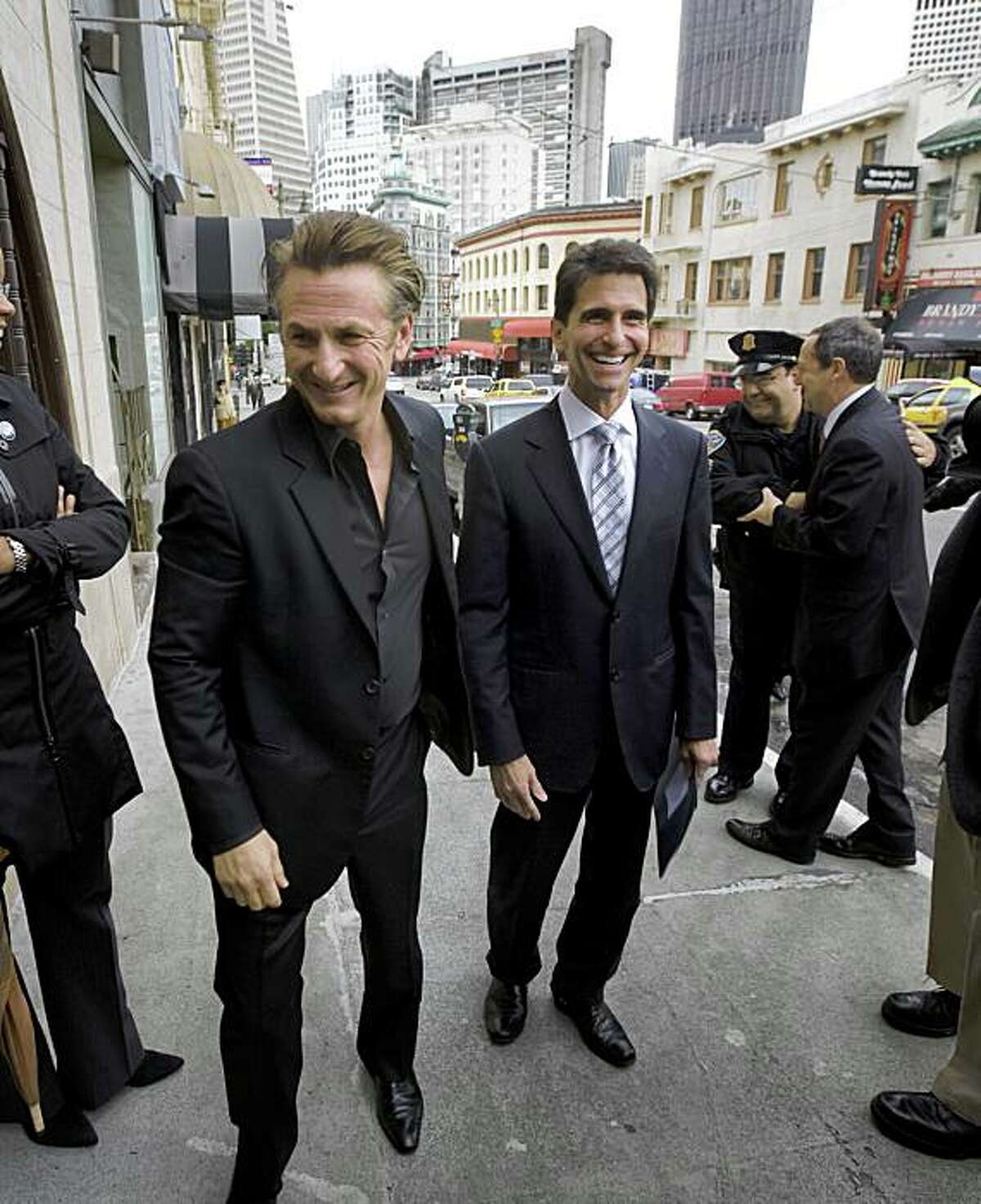 Actor Sean Penn, (L), who recently won an Academy Award for his portrayal of slain San Francisco Supervisor Harvey Milk, and California State Senator Mark Leno arrive at a press conference at Tosca Cafe in San Francsico, Calif., on Tuesday, Mar. 3, 2009, where they announced the reintroduction of California Senate Bill 572. The bill, authored by Leno, would designate May 22 as Harvey Milk Day.