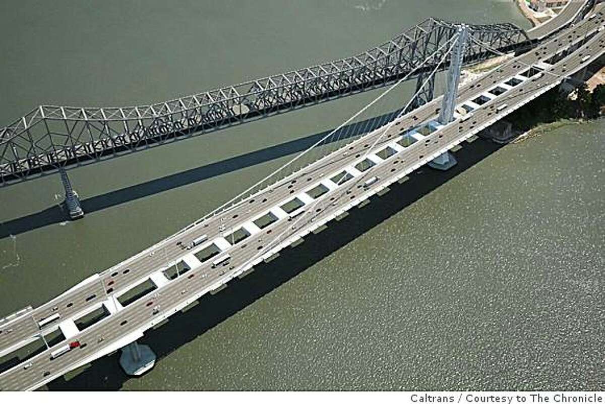 A screen grab from a Caltrans video shows the completed new single tower suspension span of the Bay Bridge.