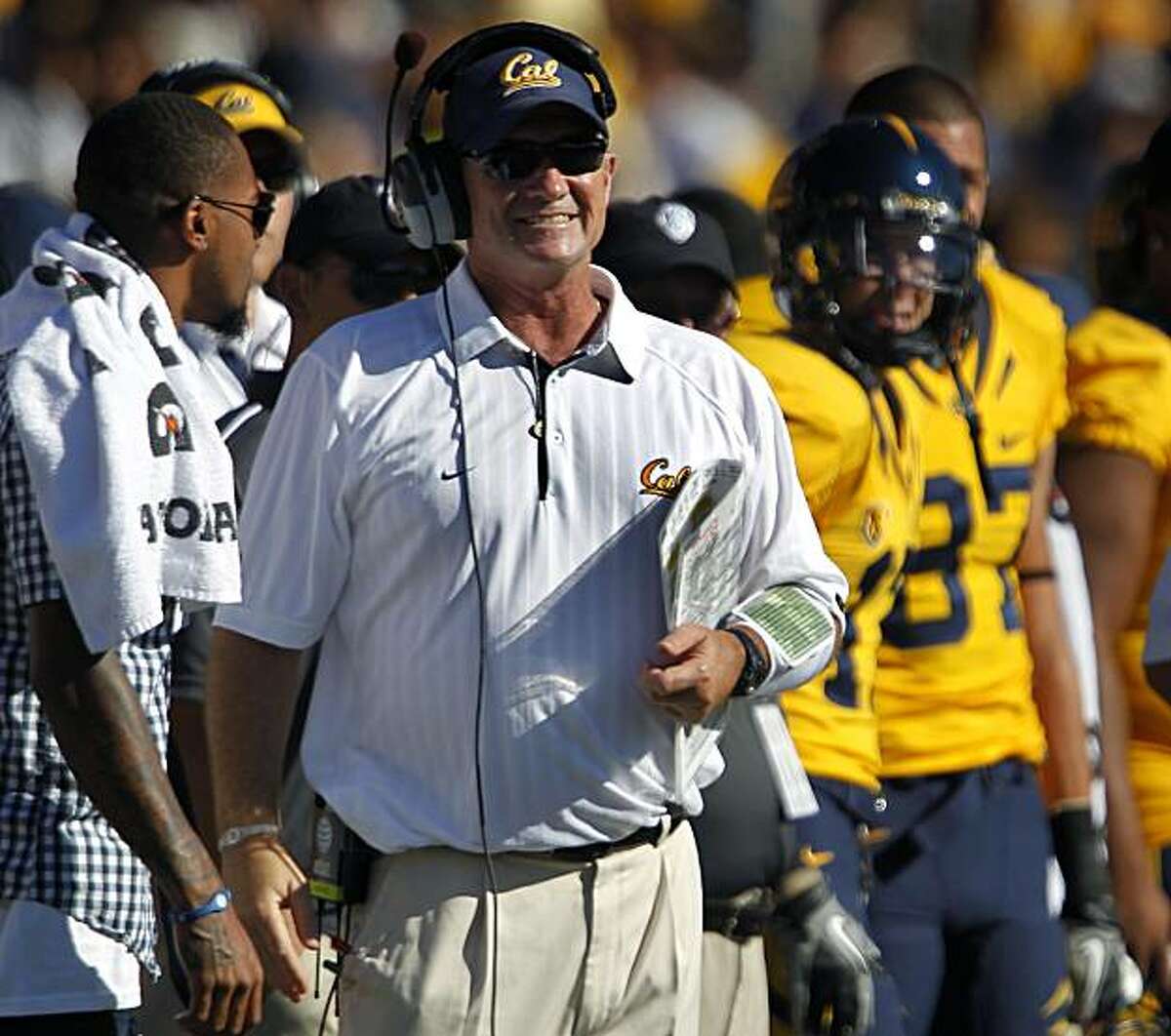 Cal head coach Jeff Tedford found plenty of reasons to smile in the Bears' game against the UCLA Bruins at Memorial Stadium in Berkeley on Saturday.
