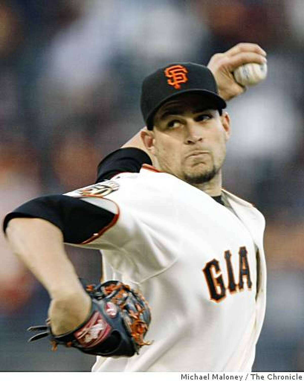 San Francisco Giants starting pitcher Jonathan Sanchez pitches in the first inning.The San Francisco Giants host te Arizona Diamondbacks in a MLB game at AT&T Park in San Francisco, Calif., on April 14, 2008.Photo by Michael Maloney / San Francisco Chronicle