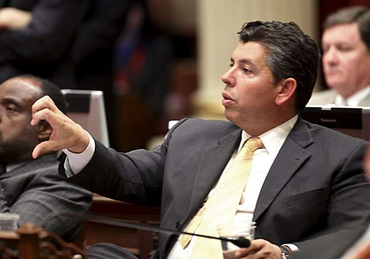 State Senator Abel Maldonado, R-Santa Maria, gives a thumbs down as he votes against a tax measure, that was part of the state budget package, at the Capitol in Sacramento, Calif., Wednesday, Feb. 18, 2009. Maldonado had received pressure from Democrats to approve the tax bill to get the budget package approved.(AP Photo/Rich Pedroncelli)