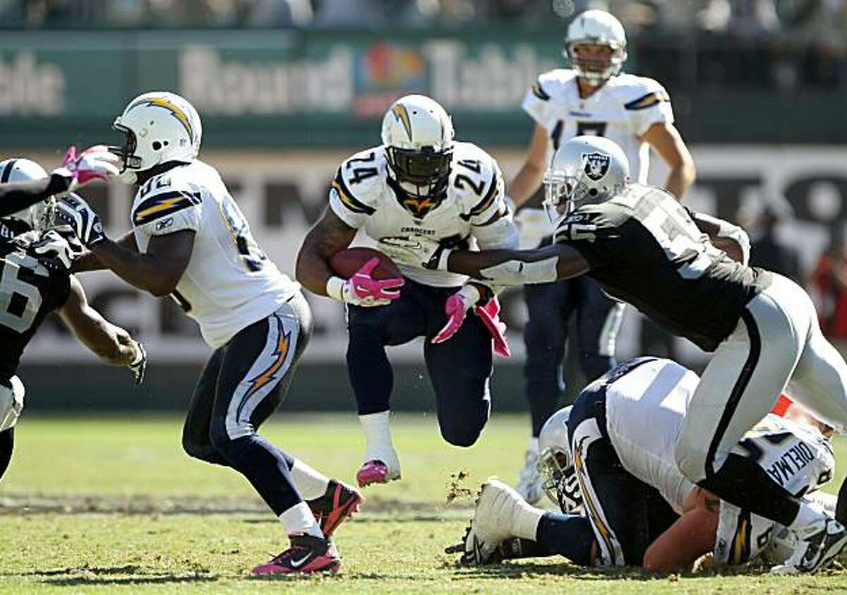 OAKLAND, CA - OCTOBER 10: Ryan Mathews #24 of the San Diego Chargers runs with the ball against the Oakland Raiders at Oakland-Alameda County Coliseum on October 10, 2010 in Oakland, California.