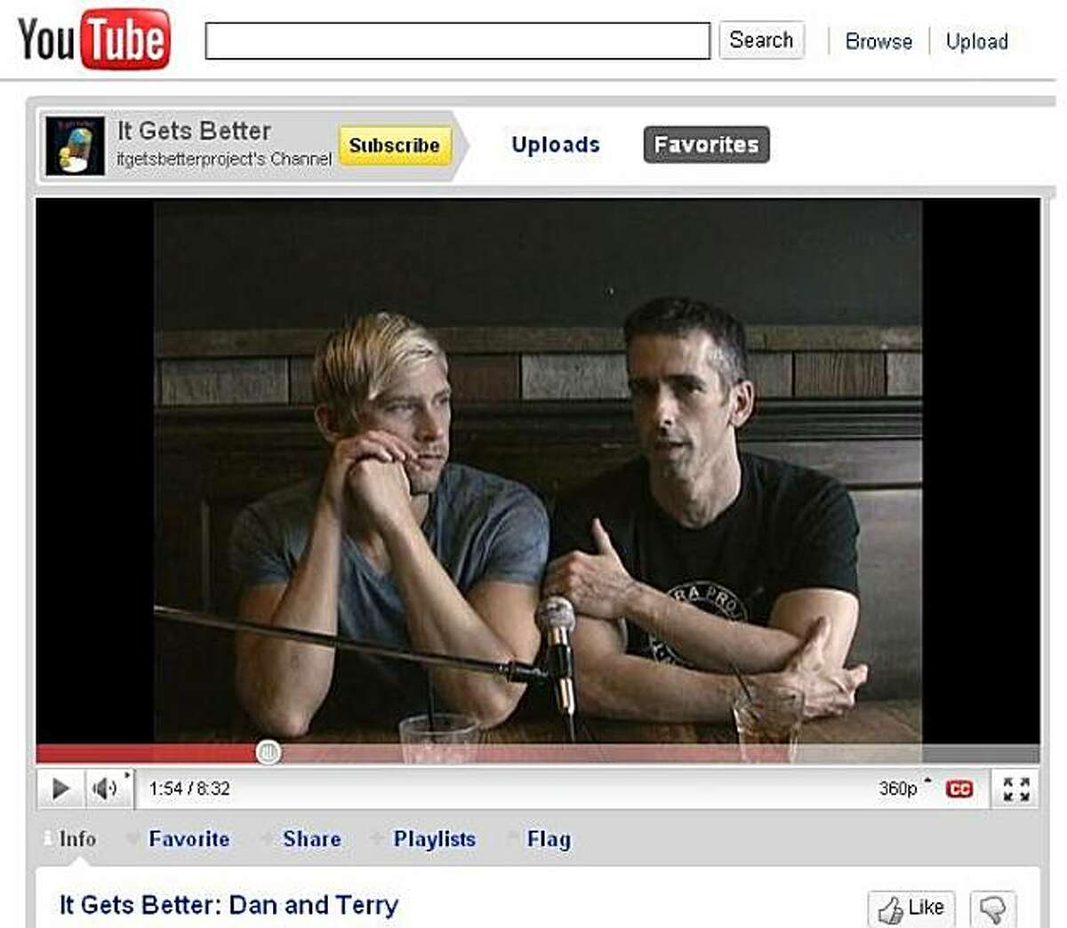 Dan Savage and his partner Terry Miller speak during the original It Gets Better video, filmed in September.