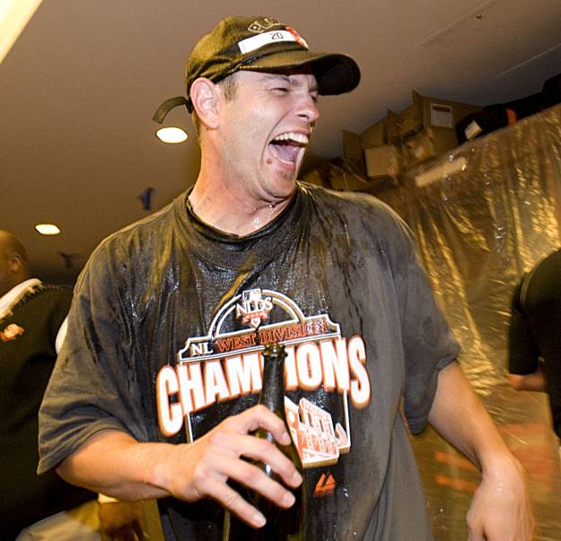 Giants manager Bruce Bochy and closer Brian Wilson celebrate a 3-0 win over  the San Diego Padres and the NL West title at AT&T Park on Sunday. (Paul  Chinn/San Francisco Chronicle via