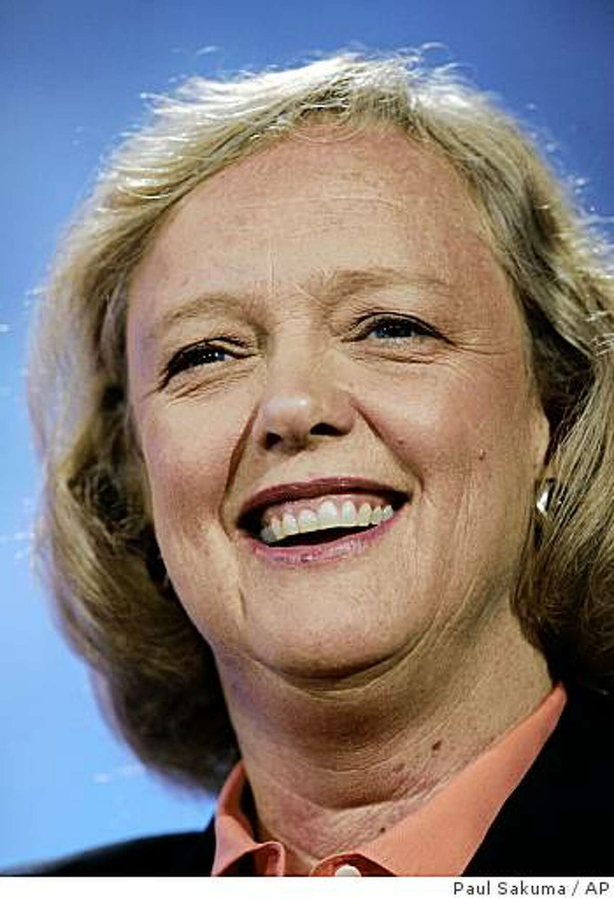 Former eBay Chief Executive Meg Whitman smiles as she speaks the Web 2.0 conference in San Francisco, Oct. 18, 2007. Whitman officially launched her bid to seek the Republican nomination for California governor on Monday, Feb. 9, 2009 capping a yearlong tour on the political stage after leaving her high-profile Silicon Valley post. (AP Photo/Paul Sakuma)