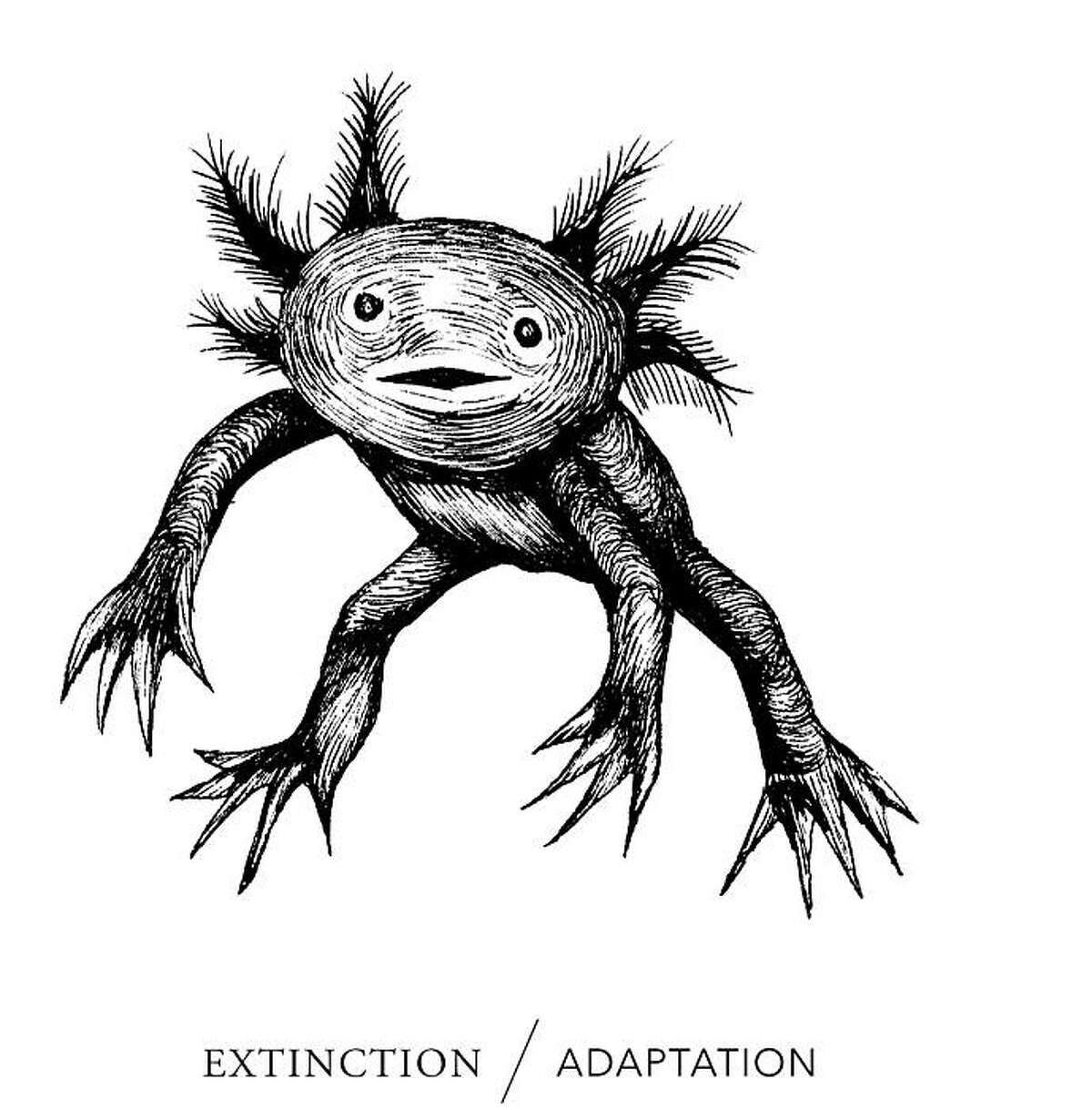 This illustration is the cover of a book called "Extinction/Adaptation," which spotlights some of the things that are going extinct or ways in which humans are adapting to a changed environment.