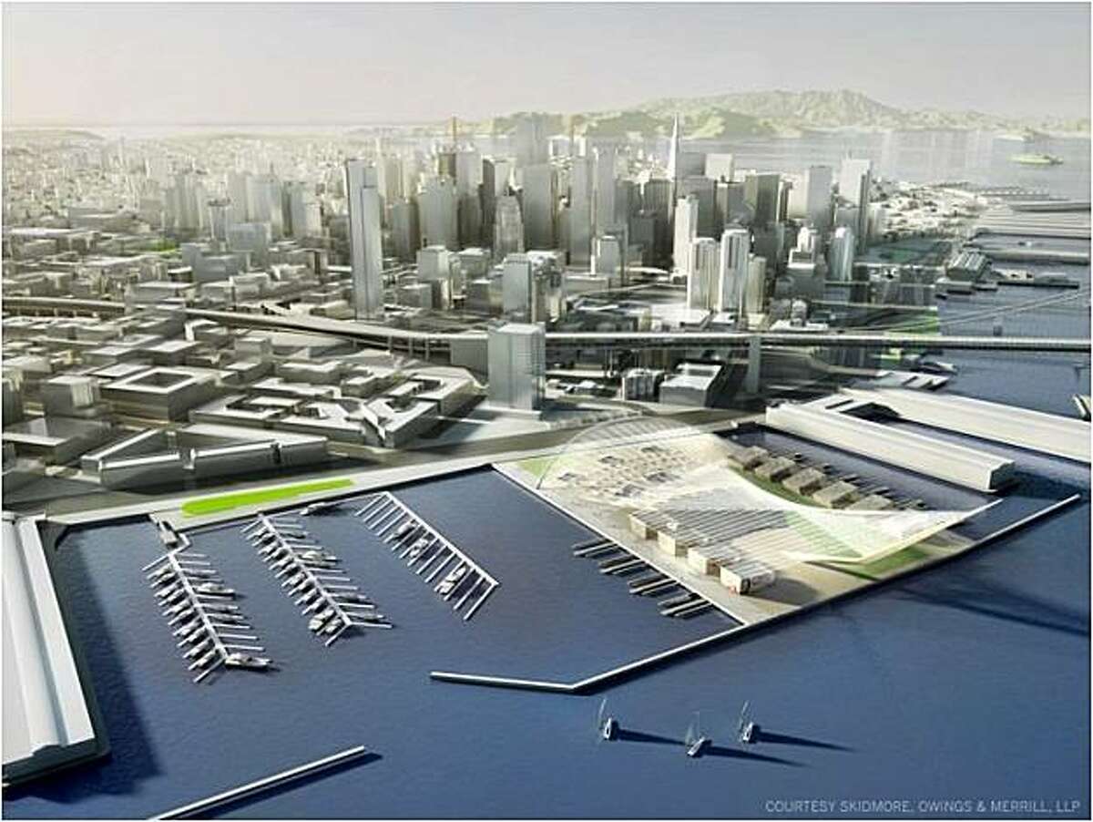 Artist renderings of Piers 30-32, now a parking lot, would be the main public area, with an amphitheater, JumboTron, concessions and hospitality bases where contestants would dock their boats to meet journalists and spectators before racing Also, temporary slips would be built to house accompanying spectator boats.