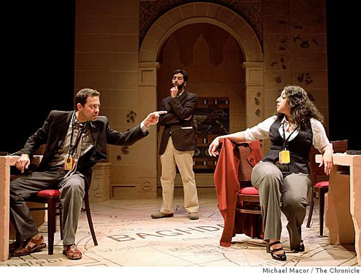 (left to right) Amir Sharafeh as Laith, Bobak Cyrus Bakhtiari as Adnan and Denmo Ibrahim as Intisar, during final dress rehearsals, on Thursday Jan. 22, 2009, of the West Coast premiere of George Packer's, "Betrayed" at the Aurora Theater in Berkeley, Calif., about Iraqi translators for the US Army caught betrween hostility from other Iraqis and lack of support and protection from the Army, based on Packer's reporting for the New Yorker.